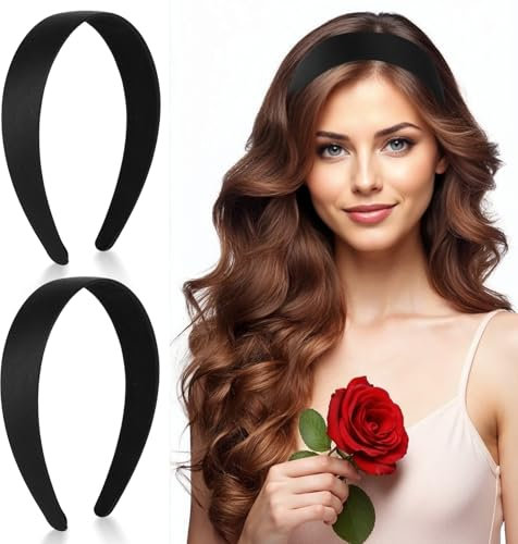Lot de 2 bandeaux noirs en satin sans dents pour filles et adolescentes - Élastiques à cheveux larges et unis - Style vintage - Accessoires de vacances