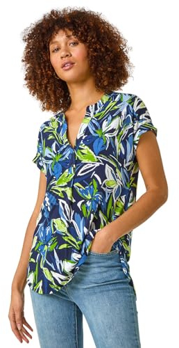 Roman Short Sleeve Shirt for Women UK Ladies Tunic Top Summer Blouse Casual Smat T-Shirt Spring Work Cocktail Party Going Out Special Occassion Holiday V-Neck - Blue Leaf - Size 14
