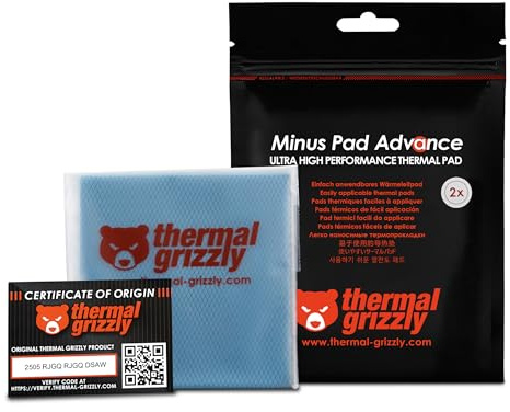 Thermal Grizzly Minus Pad Advance – 2er-Pack Wärmeleitpad, 100 x 100 x 1,0 mm, elektrisch Nicht leitend, hohe Wärmeleitfähigkeit und Komprimierbarkeit für SSDs, GPUs und Elektronik