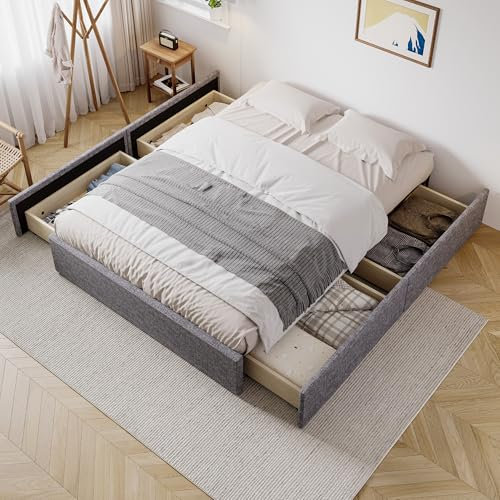 4ft6 Double Bed Frame Upholstered Platform Bed with 4 Storage Drawers, Divan Bed Base with Wooden Slats, Linen Fabric Divan Bed Frame, Sturdy Metal-Wood Support,No Headboard,No Box Spring Needed,Grey