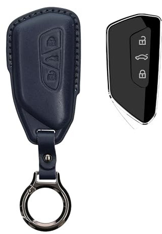 kwmobile Accessoire Clef de Voiture Compatible avec VW Golf 8 3-Bouton Coque - Coque clé de Voiture en Cuir véritable avec Porte-clés - Bleu foncé