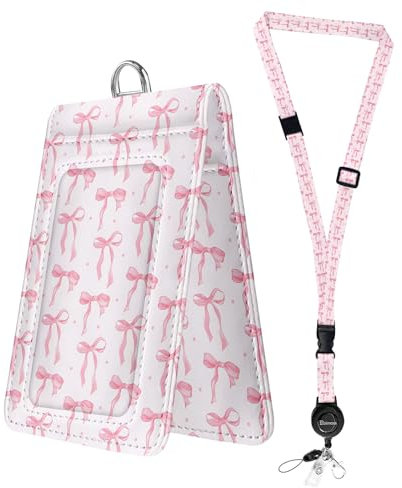 bolimoss Joli cordon rose pour badges d'identité, porte-badges en cuir avec fenêtres double face, porte-badge avec boucles à dégagement rapide et cordon tour de cou rétractable réglable