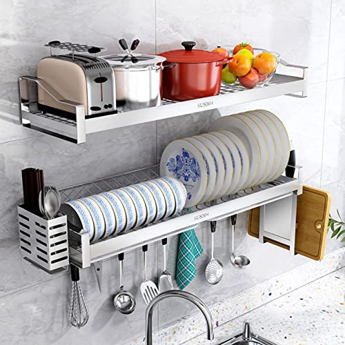 Escurreplatos colgante de acero inoxidable de 2 niveles sobre fregadero con escurridor y soporte para palillos, estante de secado de platos montado en la pared para cocina (plata, 60 x 23,5 x 12 cm)