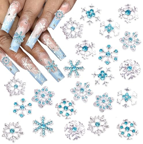 22Pcs Christmas Nail Charms Silver 3D Snowflake Alloy Nail Rhinestones Luxury Bling Blue Laser Nail Gems Colorful Snowflake Shape Design Winter Nails Jewelry Xmas Acrylic Nails Supplies for Women