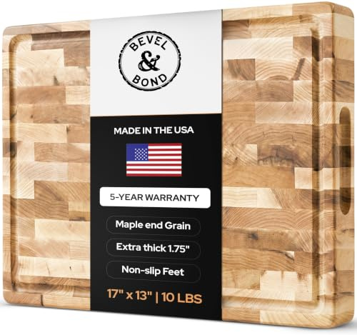 Maple End-Grain Cutting Board (Made in USA) 17 x 13 x 1.75 (10 lbs) | Heavy Thick Butcher Block – Juice Groove, Non-Slip Feet – Food-Safe Mineral Oil Finish – Premium Gift Box