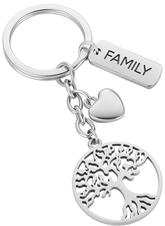 DONWOIE Tree of Life Keyring, Family Keychain Bag Charms for Women | Cool Key Rings with 'FAMILY' Plate, Heart and Tree Pendants Gifts for Loved Ones Girls Boys Family