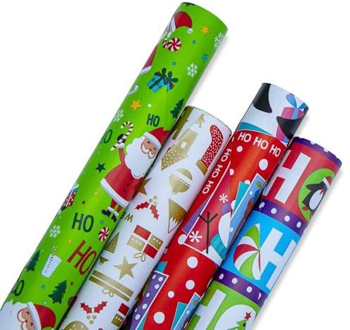 XXL Weihnachts Geschenkpapier 500 x 100 cm - 4 Stück | Papierrolle 5 Meter bunt Weihnachten Nikolaus Geschenkpapierrolle Weihnachtsgeschenkpapier