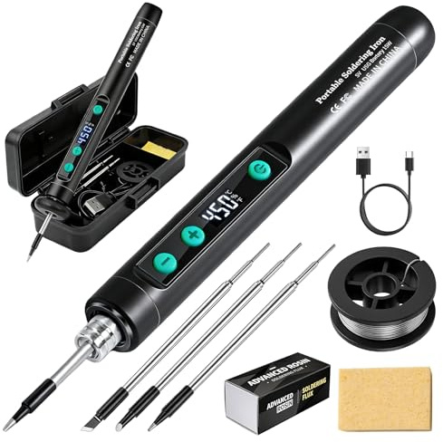 Set di saldatori da 15 W, con batteria USB, con 3 temperature regolabili, 260 ℃-450 ℃, 3 punte di saldatura, filo di saldatura e supporto per saldatore, professionale, sicuro, compatto, facile da