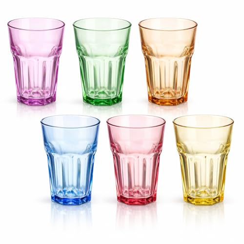 Awiku Set de 6 Vasos de Cristal de Colores 365 ml, Apilables, Translúcidos, para Agua, Refrescos, Zumos o Bebidas, Resistentes y Duraderos, Uso Diario