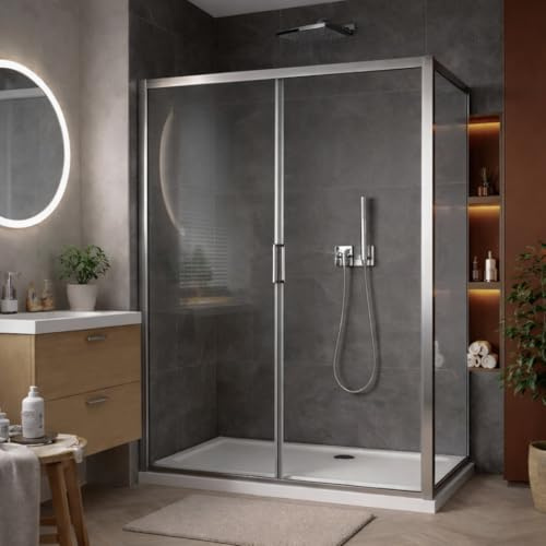 Go Bathrooms Sliding Shower Door 1200mm Chrome Glass Screen | Modern chrome bathroom sliding shower door with 6mm toughened safety glass screen.
