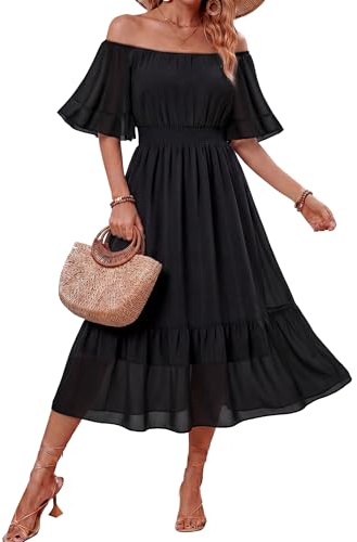 VAFOLY Off The Shoulder Dresses for Women:Feminine Spring Summer Casual Short Sleeve Dresses Boho Wedding Guest Dress Beach Vacation Formal Church Chiffon Cocktail Cruise Party Maxi Dress Black L