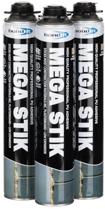Bond It Mega Stik PU Adhesive Foam 750ml, 3 Cans | High-strength PU adhesive foam for plasterboard, insulation boards and fast, clean construction bonding.