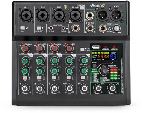 DJ Mixer, G7 7 Channel Mini Sound Card Mixer USB Console DJ Smartphone Professional Computer Recording 48V Live Broadcast