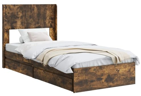 vidaXL Bettgestell mit Stauraum und Kopfteil Geräucherte Eiche, Moderner Stauraum-Bett, rechteckiger Rahmen, Elegantes Kopfteil, minimalistischer Stil, praktisches Möbelstück