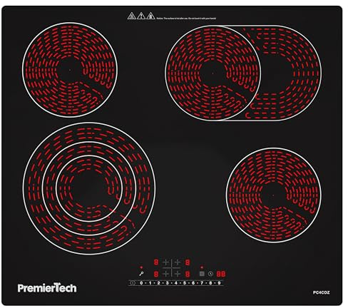PremierTech Piano Cottura Vetroceramica 4 Zone 60cm Nero Incasso LED PC4CDZ | Touch Control, Dual Zone, timer, blocco sicurezza, regolazione livelli, piano vetroceramica nero da incasso, cucina domestica