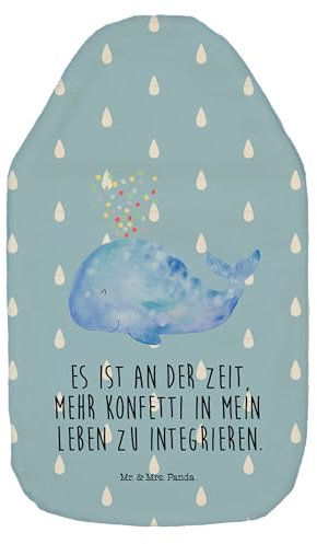 Mr. & Mrs. Panda Wärmflasche Wal Konfetti - Geschenk, Motivation, Trennung, Wärmekissen, Bettflasche, Meer, Wärmflasche mit Bezug, Körnerkissen,