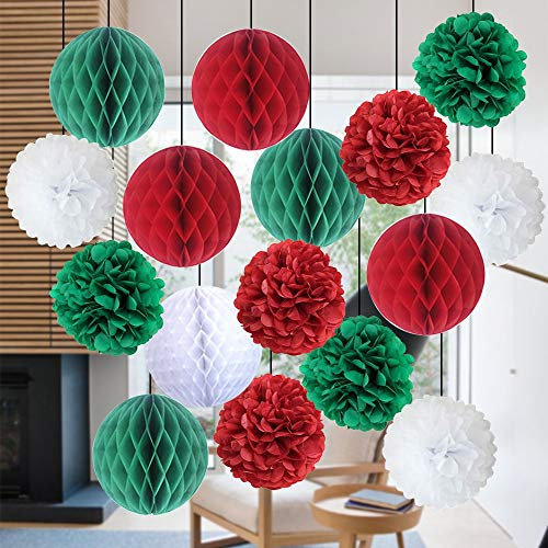 Kungfu Mall 18PCS Christmas Decoration Honeycomb Balls Pompoms Flower Balls Tissue Paper Pom Poms For Christmas Party Supplies Xmas Hanging Accessory