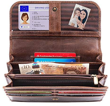 Moonster Portefeuille Femme en Cuir Pleine Fleur - Porte Monnaie Femme Porte Cartes avec Blocage RFID - 2 Fermetures à Zip, 3 Poches sans Rabat, Poche Transparente, 9 Fentes pour Cartes