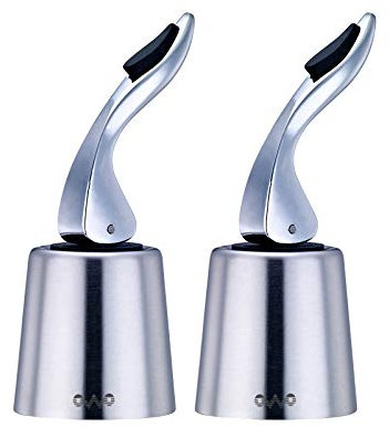 OWO Stainless Steel Wine Bottle Stopper, Reusable Wine Saver with Silicone Seal, Decorative Bottle Sealer, Keeps Fresh (Silver, 2 Pack)