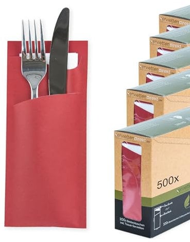 PG PrimeGuest SUPPLY Serviettentasche Bestecktasche Prime Fit 85x190mm mit 2-lagiger Tissue Serviette in Weiß Bestecktaschen mit Servietten ideal für Gastronomie und Feiern 500 Stück (Rot)