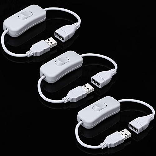 Greluma 3 Stück USB-Kabel von Stecker zu Buchse mit Ein/Aus-Schalter (weiße Farbe), USB-Verlängerungs-Inline-Wippschalter für Fahrrekorder, LED-Schreibtischlampe, USB-Lüfter, LED-Streifen
