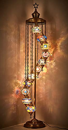 DEMMEX Lámpara de Pie de Mosaico Turco Marroquí con 11 Esferas, Altura 210 cm, Estilo Tiffany Boho Decorativa con Esferas de Colores, Hecha a Mano en Turquía