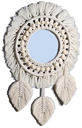 Tiardey Miroir Mural Suspendu avec Frange Miroir décoratif Rond pour Appartement Salon Chambre décor à la Maison-Style Feuille