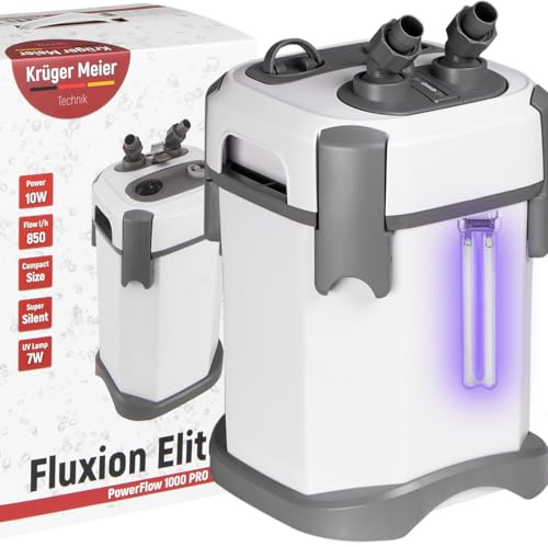 Krüger Meier Fluxion Elite 1000 UVC PRO Außenfilter für Aquarium 80–180L, mit 7W UV-Klärer, 2 Filterkörben, regulierbarem Durchfluss, leiser Aquarienfilter