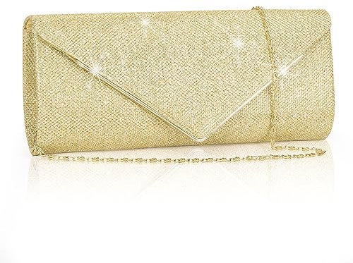 Larcenciel Clutch Damen, Glitzer Abendtasche Umhängetasche mit Abnehmbarer Kette, Modische Handtasche Elegante Envelope Tasche Kettentasche Schultertaschen für Abschlussball, Hochzeit, Party (Gold)