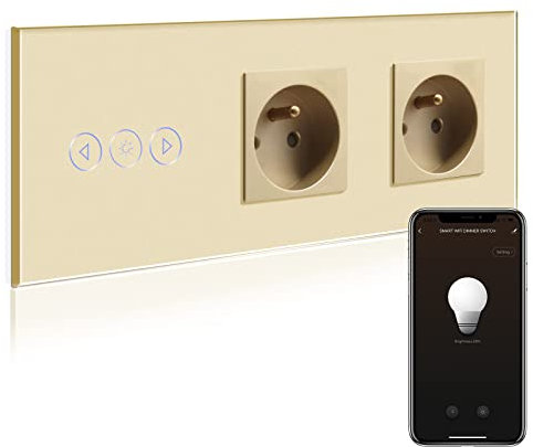 BSEED Double Prise Murale normale avec WifI Variateur de Lumière,Smart Interrupteur gradateur+Prise normale Or,Compatible avec Amazon Alexa et Google Home,Contrôle Vocal et Fonction de Temps