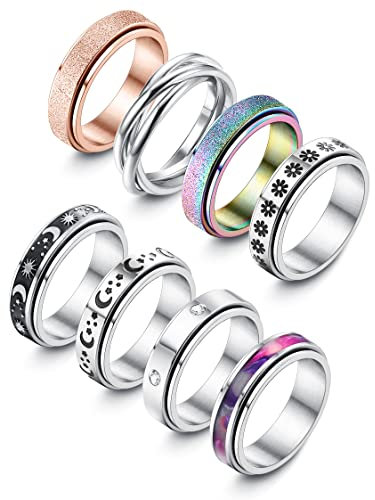 Adramata 8Pcs Fidget Ring für Damen Herren Edelstahl Ringe für Anti Stress Zapple Spinner Band Ringe Set Fidget Anxiety Ring Spinning Angst Ringe für Anti Stress