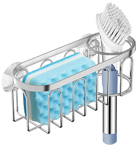 Yazoni 2-in-1 Sponge Holder for Kitchen Sink, Suction Cup Rack/Caddy, No Drill Rustproof Organizer for Place Dishwashing Brush Soap (Silver)