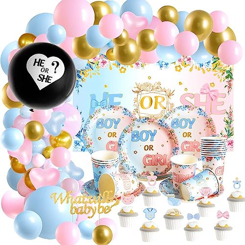 Sunbeauty Gender Reveal Party Dekoration Boy or Girl Baby Shower Deko Blauer Rosa Farbener Goldener Luftballons , Konfetti, Papierbesteck, Tortendeko Geschlecht Offenbaren Ballon
