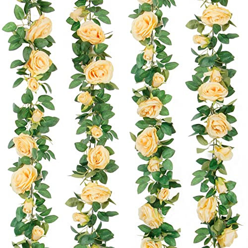 TELDRASSIL 4Pcs(26 FT) Artificial Rose Vine Fake Flower Garland Fake Silk Rose Hanging Vine for Wedding Party Background Arch Garden Background Decoration (Champagne)