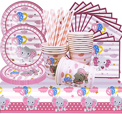SHAMO 69 Stücke Partygeschirr, Babyparty Deko Mädchen für 16Gäste, Pappteller Babyshower Mädchen Baby Girl Elefant Pappgeschirr Teller Tassen Servietten Becher für Baby Shower Deko Girl