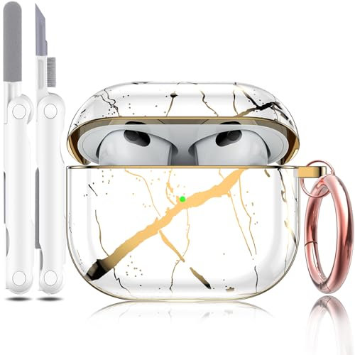 Estuche MHYALUDO para AirPods de 3ª generación, Elegante Funda Protectora de TPU Duro con Herramienta de extracción, Accesorio Llavero, Compatible con Apple Airpods 3 Estuche 2021,Oro/Blanco
