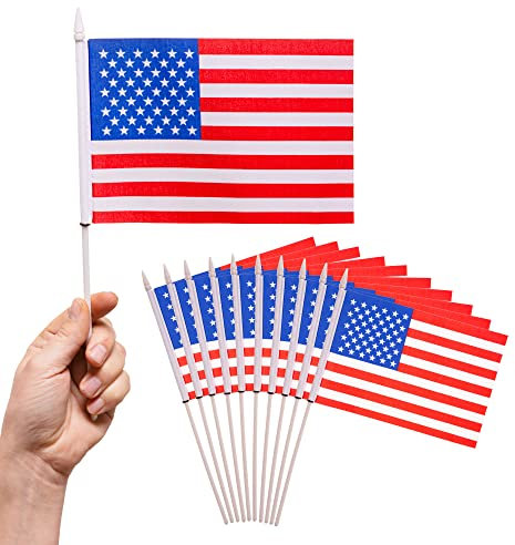 PHENO FLAGS Drapeau Etats-Unis à main – 10 pièces – 12x20cm - avec mât de 30cm - en tissu polyester – les drapeaux de table sont un superbe élément de décoration pour une fête à thème américaine