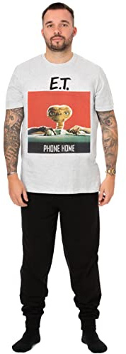 E.T. Movie Mens Pyjama Set | Adults Grey & Black Loungewear T-Shirt & Pants PJ Bundle | Phone Home Movie Poster Short Sleeve Tee Long Leg Bottoms Pajama | Nightwear Film Merchandise Gift