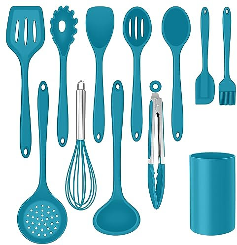Herogo Kitchen Utensils Set of 12, Silicone Cooking Utensils Set with Holder for Baking, Cooking, Non Stick & Heat Resistant Cookware Include Spatula Whisk Spoon Turner Tongs, Dishwasher Safe (Blue)