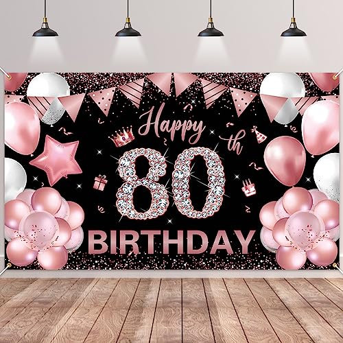 80.Geburtstag Banner Roségold Schwarz,BTZO 80.Geburtstagsbanner,Deko 80 Geburtstag Dekoration Banner Hintergrund für 80 Frauen und Männer Geburtstagsfeier Deko