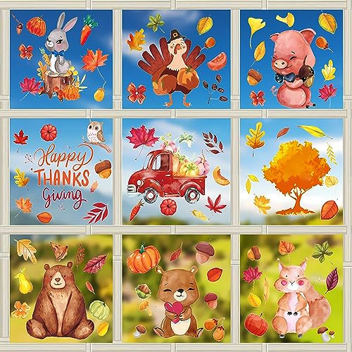 ZELAITE Thanksgiving Fenster Aufkleber, Herbst Fensterdeko, Statisch Doppelseitiger Druck Dekorationen (A)