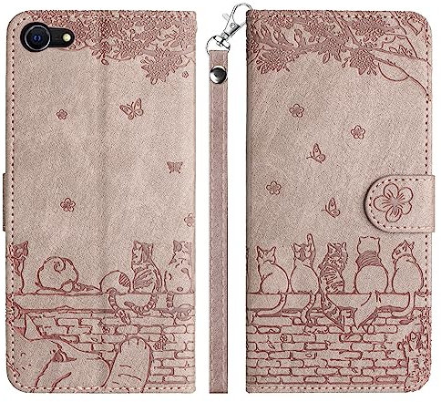 Aisenth Handyhülle für iPhone 7/8/SE 2020/SE 2022 (4,7 Zoll), Katze, Schmetterlings Muster Leder Handytasche Brieftasche Klapphülle Etui Schutz Hülle mit Ständer, Kartenfächer -Gräulich Violett
