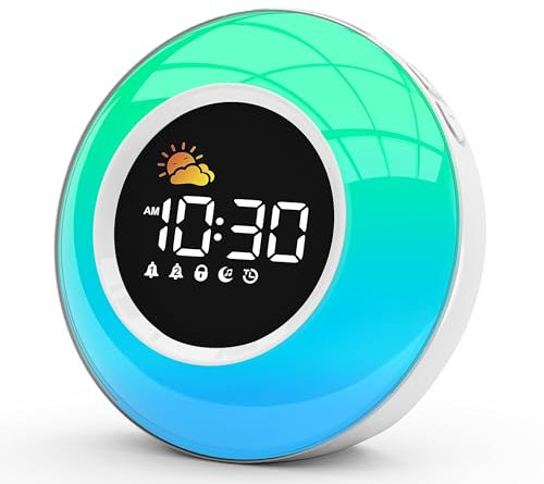 Kinder Wecker Digital, Schlaftrainer mit Nachtlicht, Lichtwecker mit 10 White Noise, Snooze und Timer 15/30/60/90 mins, LED mit Licht Tischuhr ohne Tick, Geschenke für Mädchen Jungen