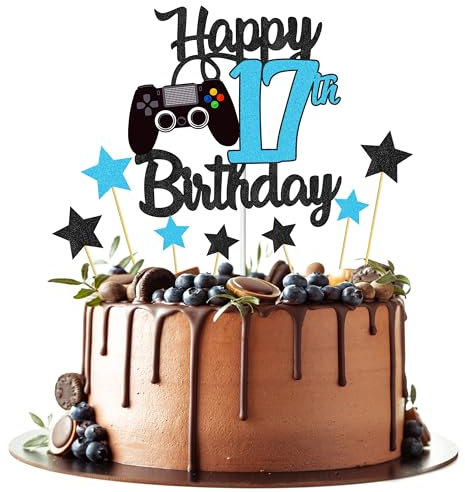 Joyeah Happy 17th Birthday Cake Topper Glitter Video Game Cake Pick Game On Cheers to 17 Years Cake Decoration for Game Theme Happy 17th Birthday Party Supplies Blue