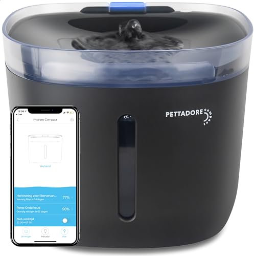 Pettadore Hydrate Compact - Schwarz - Trinkbrunnen für Katze/Hund, Intelligenter Wasserbrunnen mit App, Katzenbrunnen mit leiser Pumpe, Wasserspender mit Benachrichtigungen und starkem Filtersystem