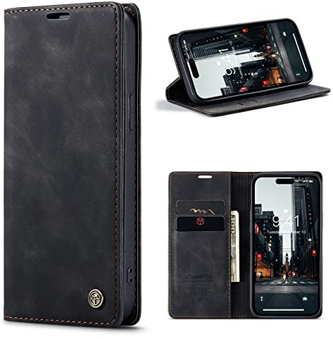 niloucase Kompatibel mit iPhone 15 Pro Max Hülle Leder,Magnetverschluss Premium PU Leder Flip Case,Standfunktion.-schwarz
