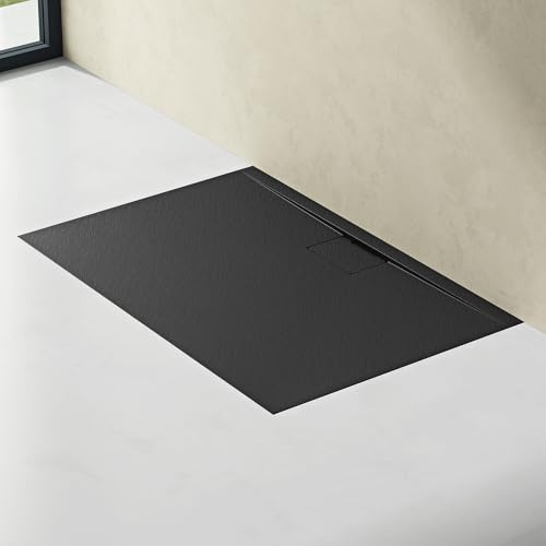 doporro Piatto Doccia Rettangolare 80x120x3 cm con Scarico Incluso e Bordo | Finitura Effetto Pietra, Piletta di Scarico Inclusa, Struttura Impermeabile, Superficie Facile da Pulire, Design Ultrasottile