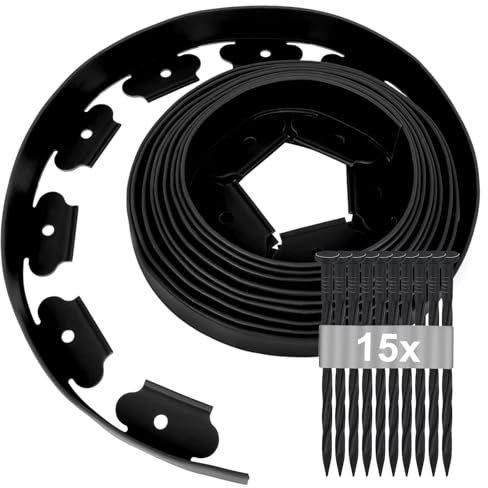 Bordura per Giardino 5m × 5cm, Bordatura per Aiuole con 15 Picchetti, Bordo per Aiuole Giardino Plastica, Bordatura Flessibile per Prato, Bordatura per Paesaggio Resistente Alle Intemperie (Nero)