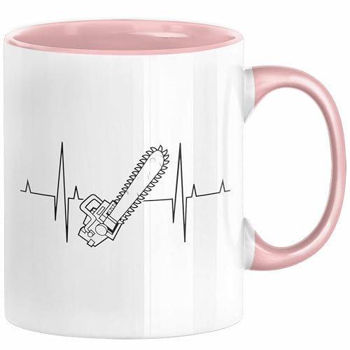 Kettensäge Herzschlag Tasse Waldarbeiter Geschenk Lustige Geschenkidee Forstarbeiter (Rosa)