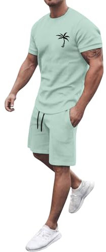Herren Trainingsanzug Set Sommer Sportanzug 2 Teiliges Outfit Sport Set Kurzarm T-Shirt + Kurze Hose Sets Freizeitanzug Männer Rundhals Oberteile Shorts Jogginganzug Zweiteiliges Set